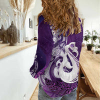 New Zealand Matariki Women Casual Shirt Maori Manaia Galaxy Silver Fern Purple Color