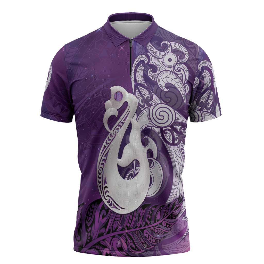 New Zealand Matariki Zipper Polo Shirt Maori Manaia Galaxy Silver Fern Purple Color