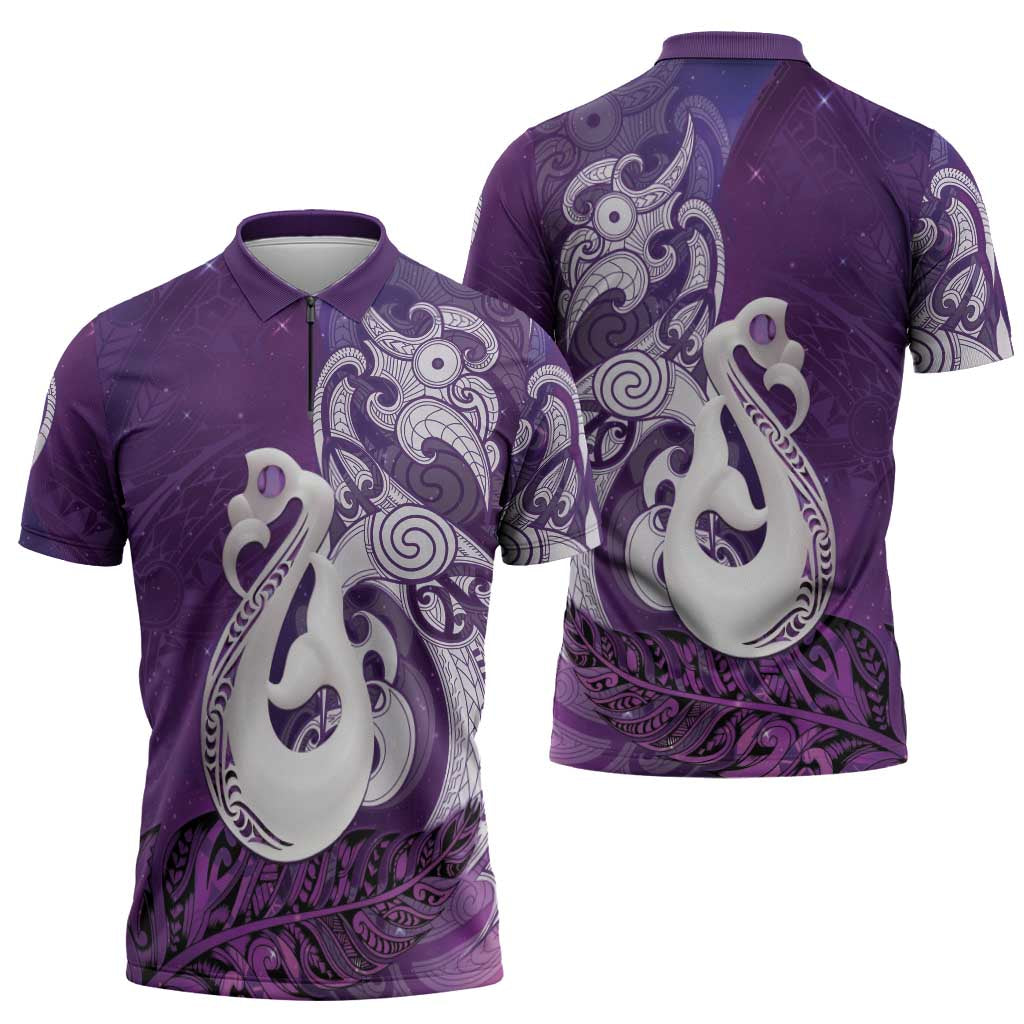New Zealand Matariki Zipper Polo Shirt Maori Manaia Galaxy Silver Fern Purple Color LT22 - Polynesian Pride