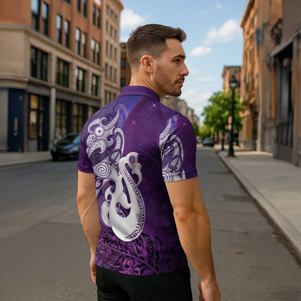 New Zealand Matariki Zipper Polo Shirt Maori Manaia Galaxy Silver Fern Purple Color LT22 - Polynesian Pride