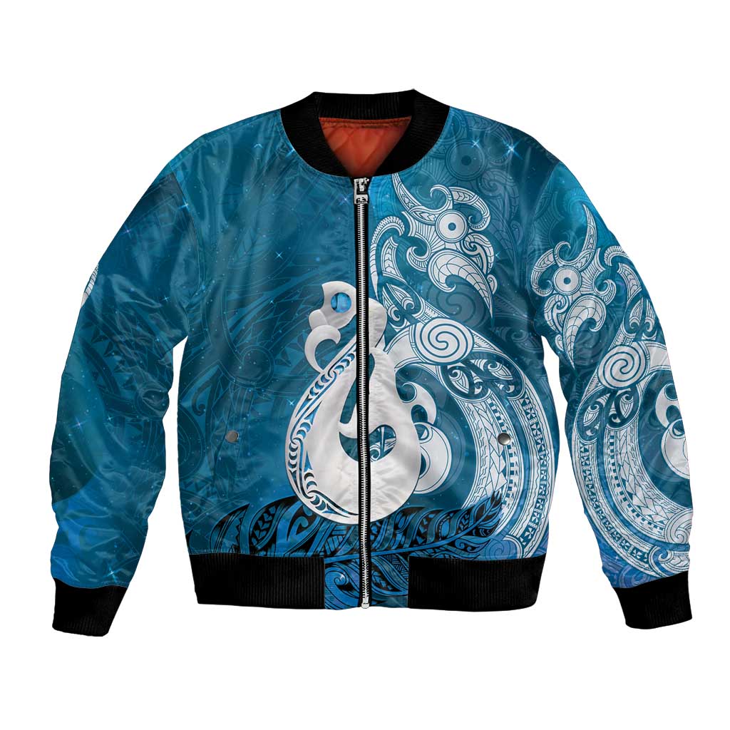 New Zealand Matariki Bomber Jacket Maori Manaia Galaxy Silver Fern Blue Color