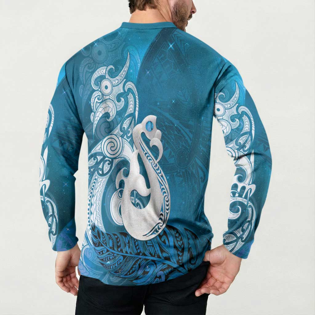 New Zealand Matariki Button Sweatshirt Maori Manaia Galaxy Silver Fern Blue Color