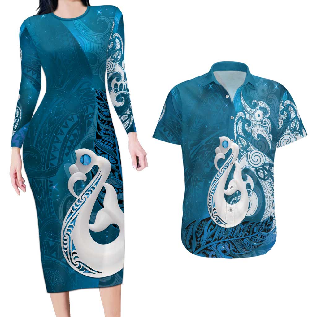 New Zealand Matariki Couples Matching Long Sleeve Bodycon Dress and Hawaiian Shirt Maori Manaia Galaxy Silver Fern Blue Color