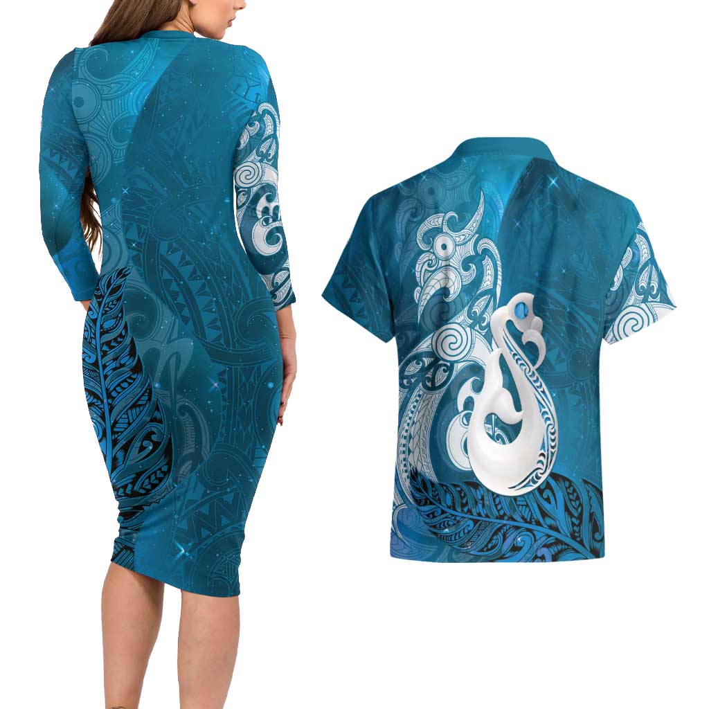New Zealand Matariki Couples Matching Long Sleeve Bodycon Dress and Hawaiian Shirt Maori Manaia Galaxy Silver Fern Blue Color LT22 - Polynesian Pride