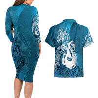 New Zealand Matariki Couples Matching Long Sleeve Bodycon Dress and Hawaiian Shirt Maori Manaia Galaxy Silver Fern Blue Color LT22 - Polynesian Pride