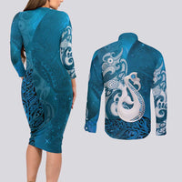 New Zealand Matariki Couples Matching Long Sleeve Bodycon Dress and Long Sleeve Button Shirt Maori Manaia Galaxy Silver Fern Blue Color LT22 - Polynesian Pride