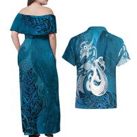 New Zealand Matariki Couples Matching Off Shoulder Maxi Dress and Hawaiian Shirt Maori Manaia Galaxy Silver Fern Blue Color LT22 - Polynesian Pride