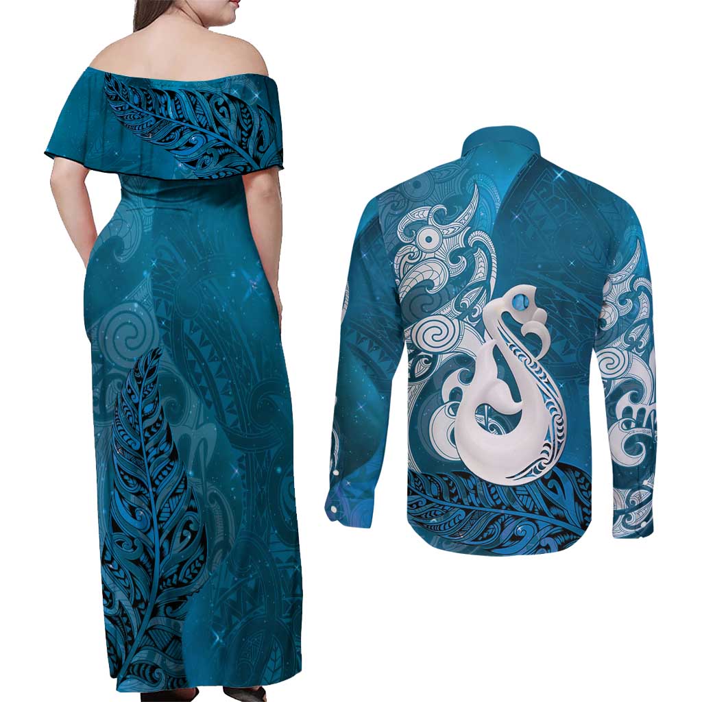 New Zealand Matariki Couples Matching Off Shoulder Maxi Dress and Long Sleeve Button Shirt Maori Manaia Galaxy Silver Fern Blue Color LT22 - Polynesian Pride