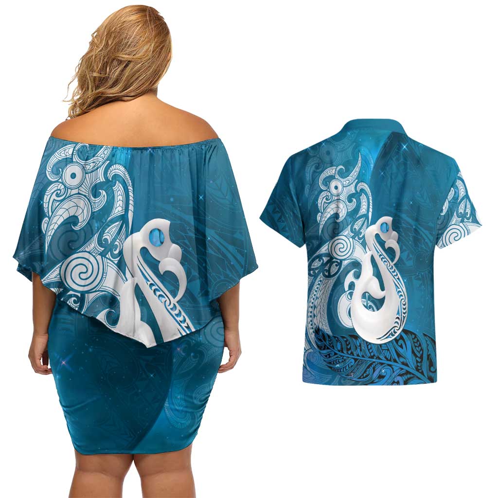 New Zealand Matariki Couples Matching Off Shoulder Short Dress and Hawaiian Shirt Maori Manaia Galaxy Silver Fern Blue Color LT22 - Polynesian Pride