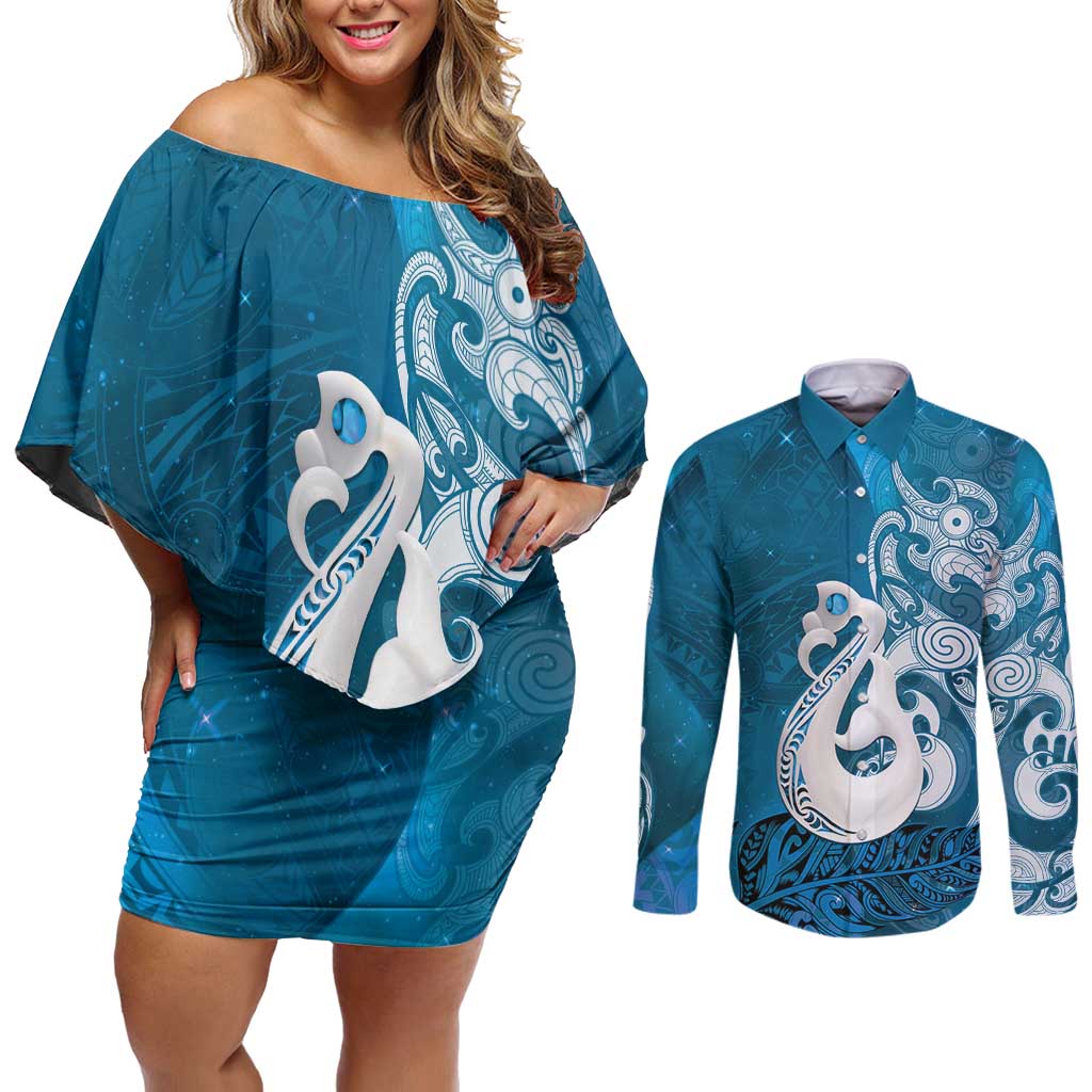 New Zealand Matariki Couples Matching Off Shoulder Short Dress and Long Sleeve Button Shirt Maori Manaia Galaxy Silver Fern Blue Color LT22 Blue - Polynesian Pride