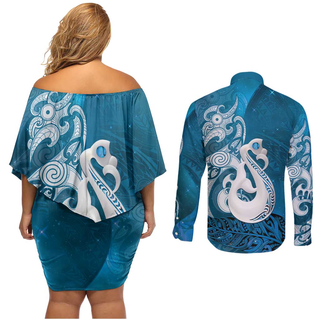 New Zealand Matariki Couples Matching Off Shoulder Short Dress and Long Sleeve Button Shirt Maori Manaia Galaxy Silver Fern Blue Color LT22 - Polynesian Pride