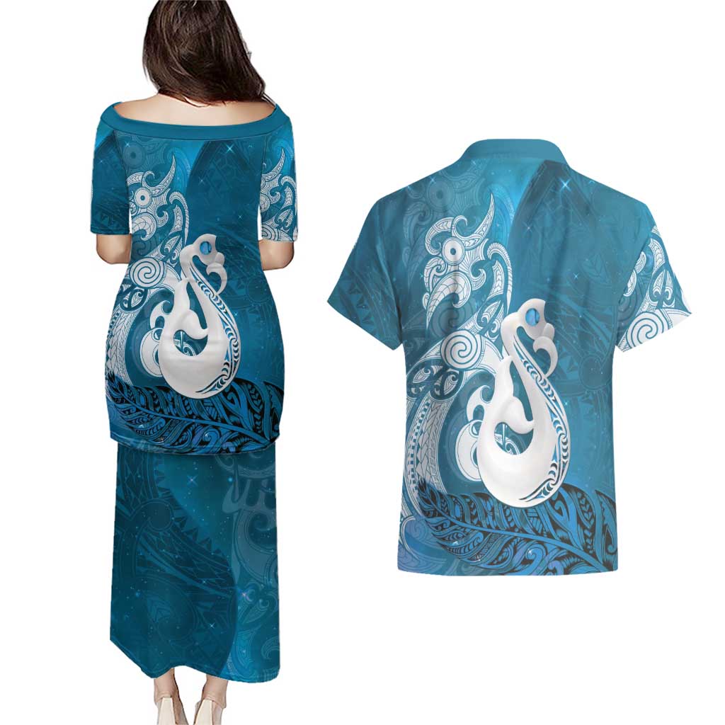 New Zealand Matariki Couples Matching Puletasi and Hawaiian Shirt Maori Manaia Galaxy Silver Fern Blue Color LT22 - Polynesian Pride