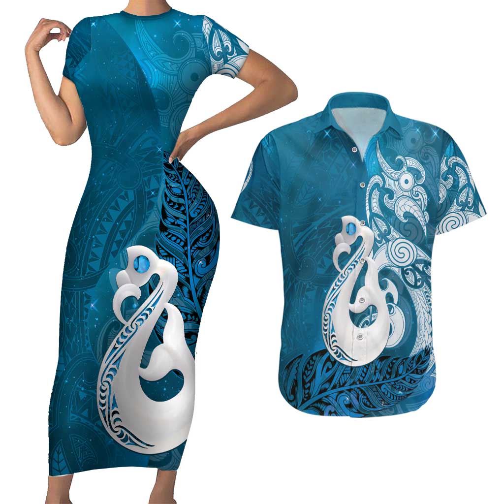 New Zealand Matariki Couples Matching Short Sleeve Bodycon Dress and Hawaiian Shirt Maori Manaia Galaxy Silver Fern Blue Color LT22 Blue - Polynesian Pride
