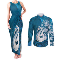 New Zealand Matariki Couples Matching Tank Maxi Dress and Long Sleeve Button Shirt Maori Manaia Galaxy Silver Fern Blue Color LT22 Blue - Polynesian Pride