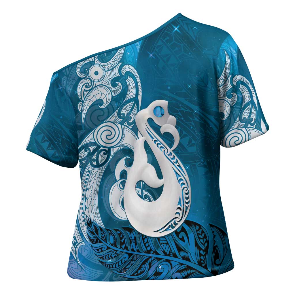 New Zealand Matariki Cross Shoulder Shirt Maori Manaia Galaxy Silver Fern Blue Color
