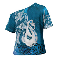 New Zealand Matariki Cross Shoulder Shirt Maori Manaia Galaxy Silver Fern Blue Color