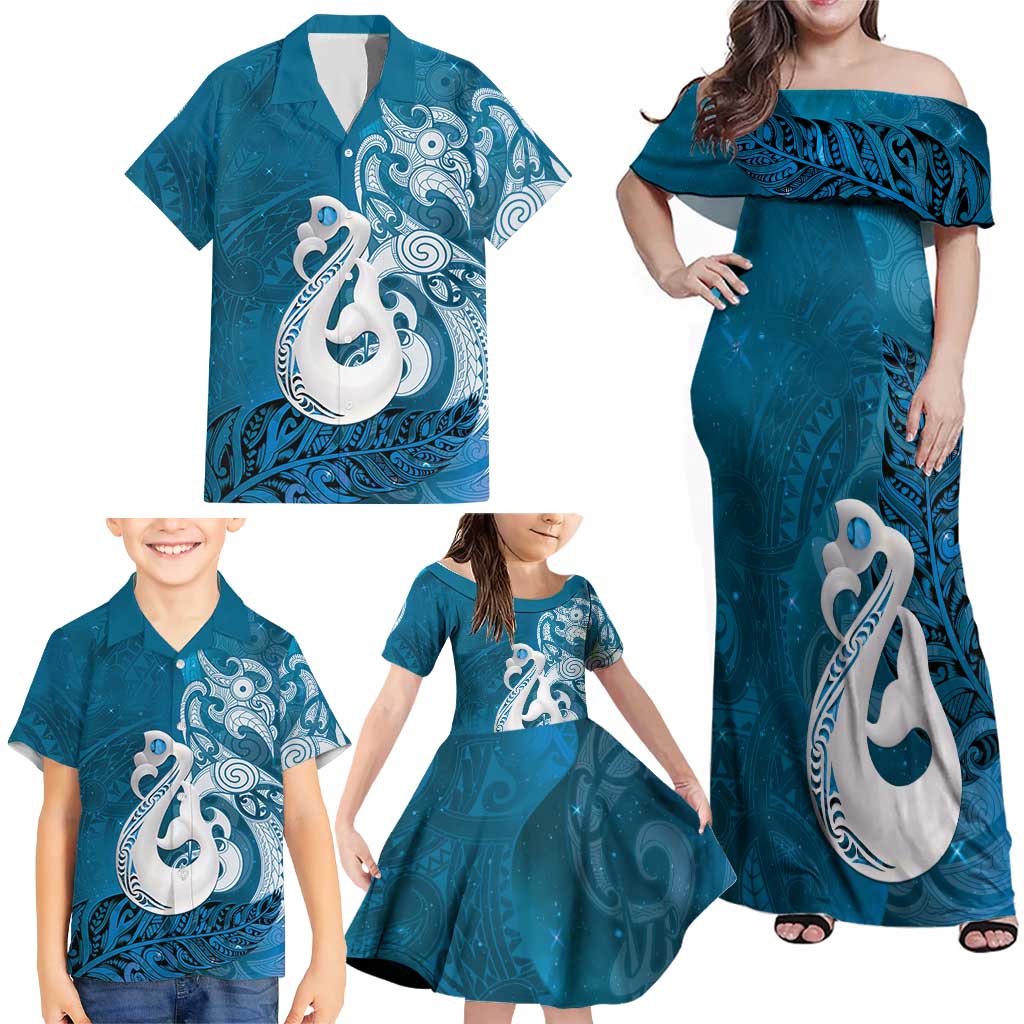 New Zealand Matariki Family Matching Off Shoulder Maxi Dress and Hawaiian Shirt Maori Manaia Galaxy Silver Fern Blue Color LT22 - Polynesian Pride