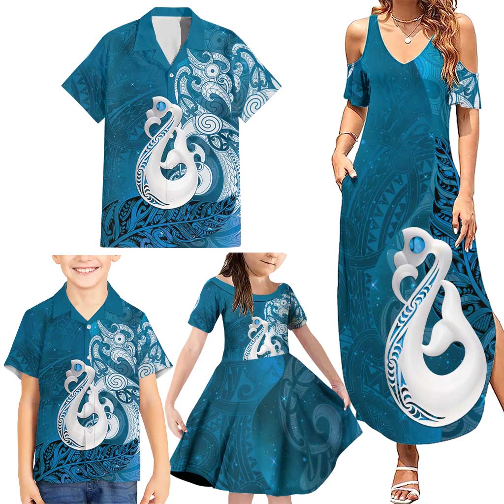 New Zealand Matariki Family Matching Summer Maxi Dress and Hawaiian Shirt Maori Manaia Galaxy Silver Fern Blue Color LT22 - Polynesian Pride