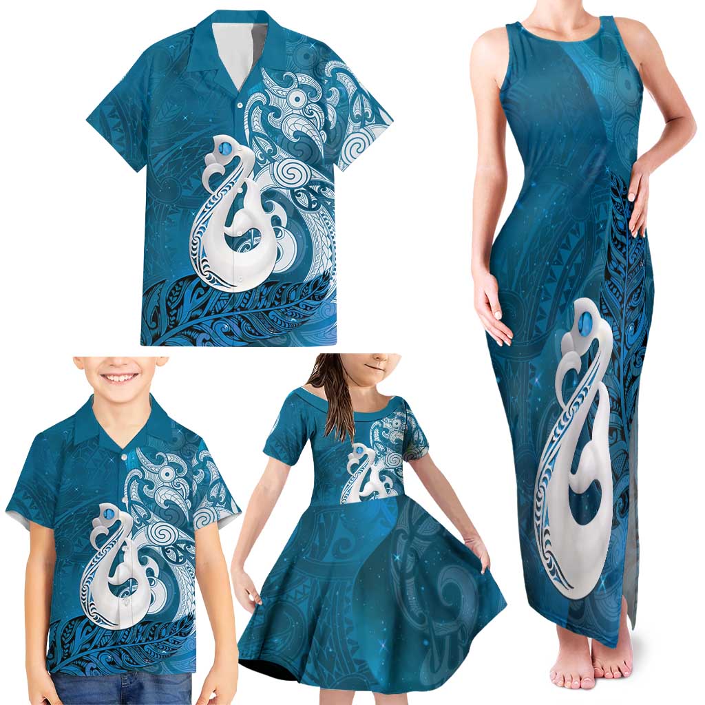 New Zealand Matariki Family Matching Tank Maxi Dress and Hawaiian Shirt Maori Manaia Galaxy Silver Fern Blue Color LT22 - Polynesian Pride