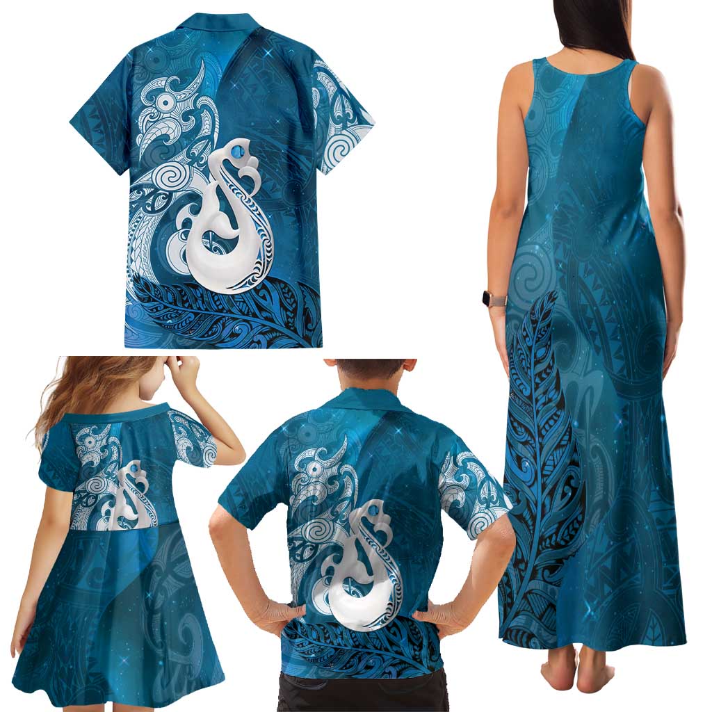 New Zealand Matariki Family Matching Tank Maxi Dress and Hawaiian Shirt Maori Manaia Galaxy Silver Fern Blue Color LT22 - Polynesian Pride