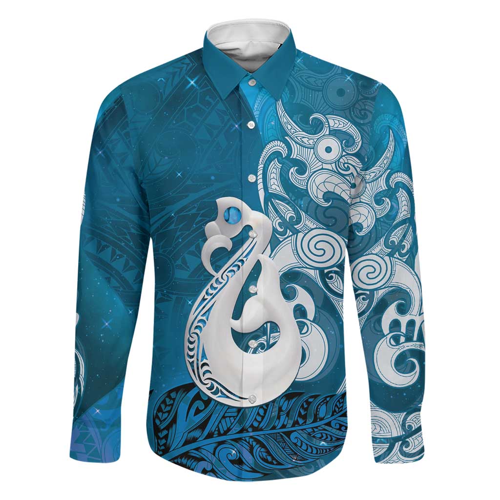 New Zealand Matariki Family Matching Tank Maxi Dress and Hawaiian Shirt Maori Manaia Galaxy Silver Fern Blue Color LT22 Dad's Shirt - Long Sleeve Blue - Polynesian Pride