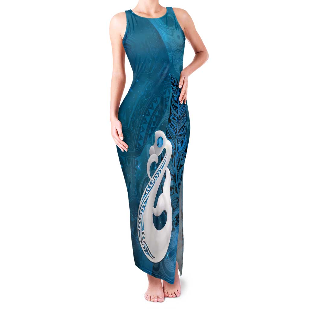 New Zealand Matariki Family Matching Tank Maxi Dress and Hawaiian Shirt Maori Manaia Galaxy Silver Fern Blue Color LT22 Mom's Dress Blue - Polynesian Pride