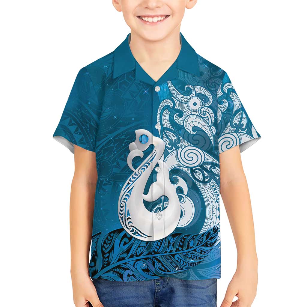 New Zealand Matariki Family Matching Tank Maxi Dress and Hawaiian Shirt Maori Manaia Galaxy Silver Fern Blue Color LT22 Son's Shirt Blue - Polynesian Pride