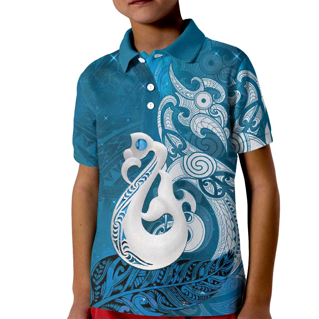 New Zealand Matariki Kid Polo Shirt Maori Manaia Galaxy Silver Fern Blue Color