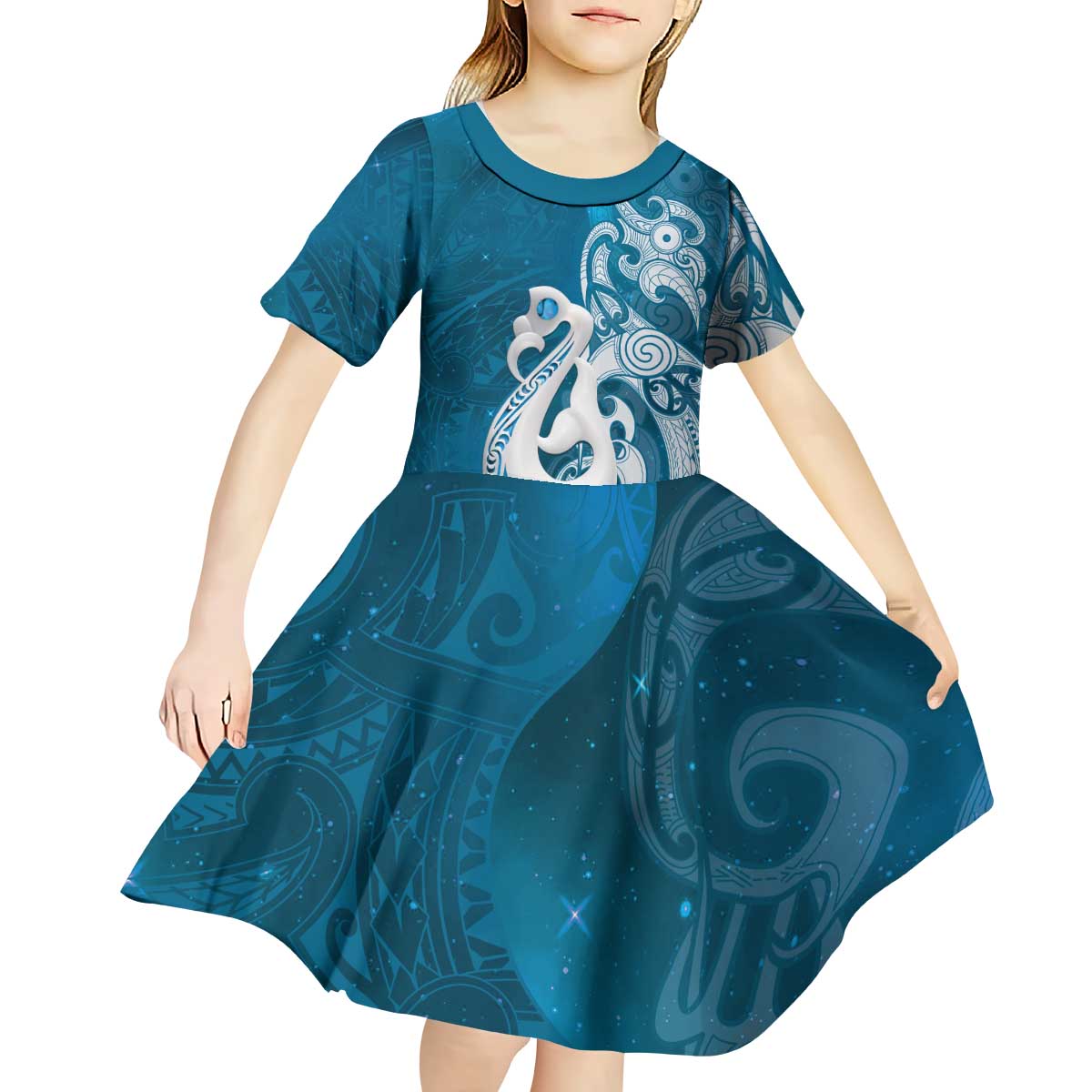 New Zealand Matariki Kid Short Sleeve Dress Maori Manaia Galaxy Silver Fern Blue Color LT22 - Polynesian Pride