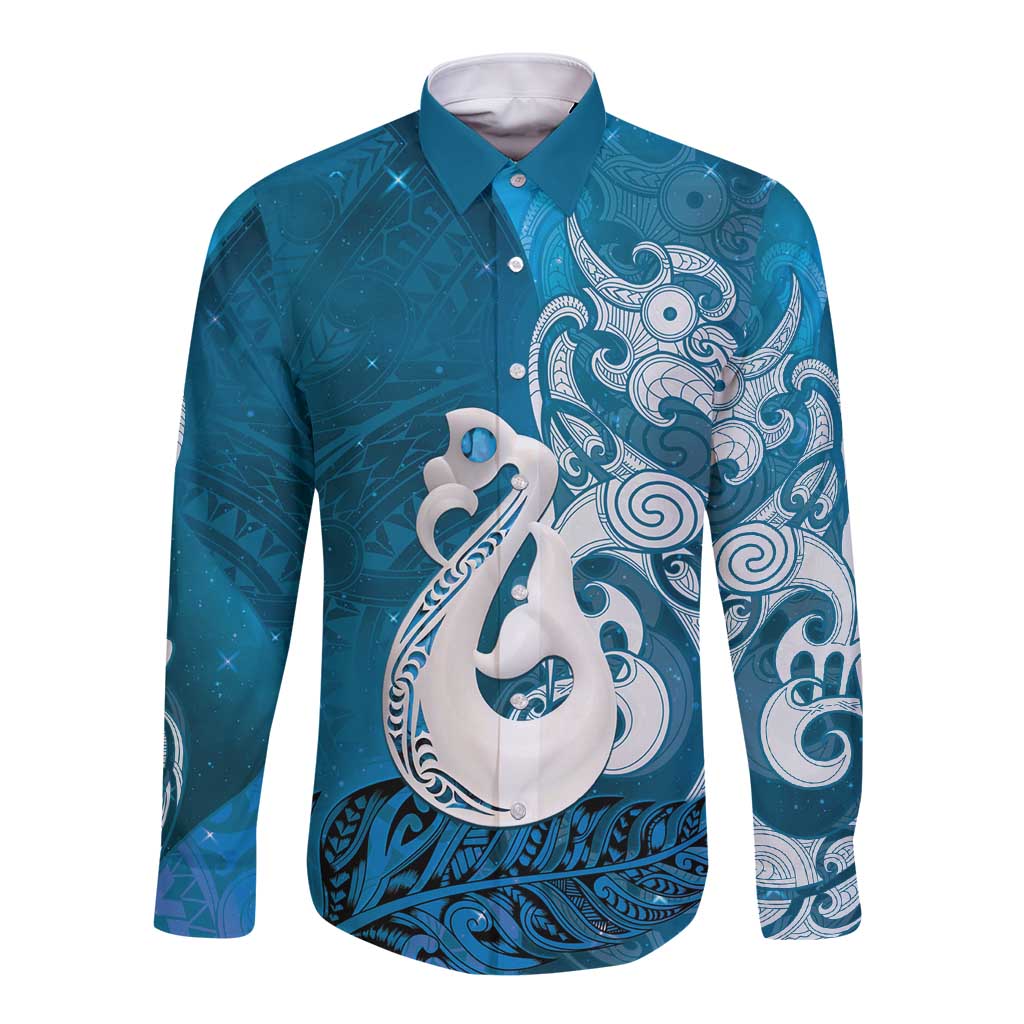 New Zealand Matariki Long Sleeve Button Shirt Maori Manaia Galaxy Silver Fern Blue Color