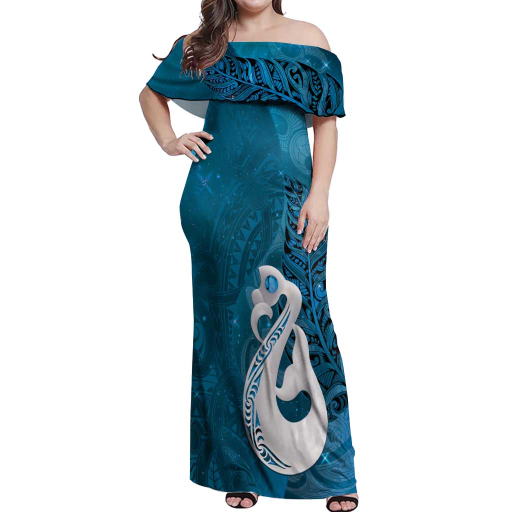 New Zealand Matariki Off Shoulder Maxi Dress Maori Manaia Galaxy Silver Fern Blue Color LT22 Women Blue - Polynesian Pride