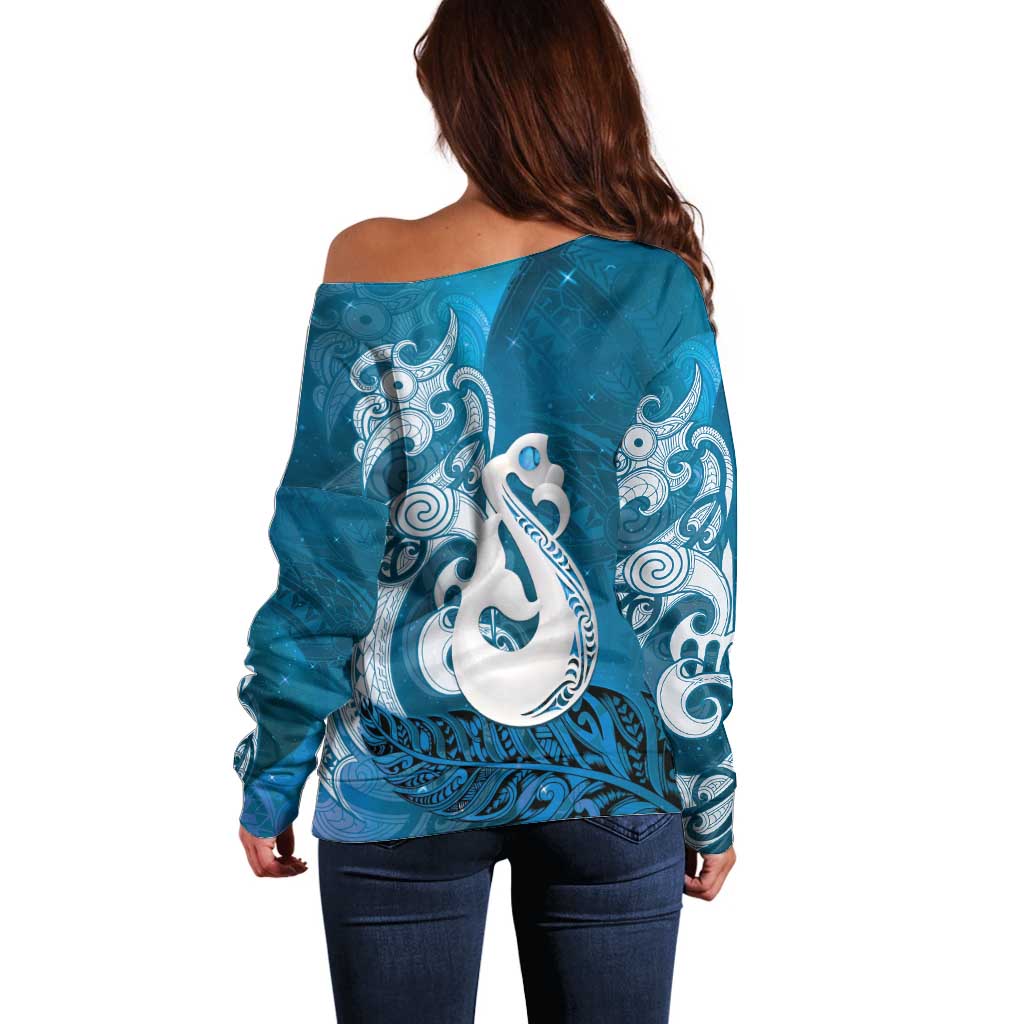 New Zealand Matariki Off Shoulder Sweater Maori Manaia Galaxy Silver Fern Blue Color