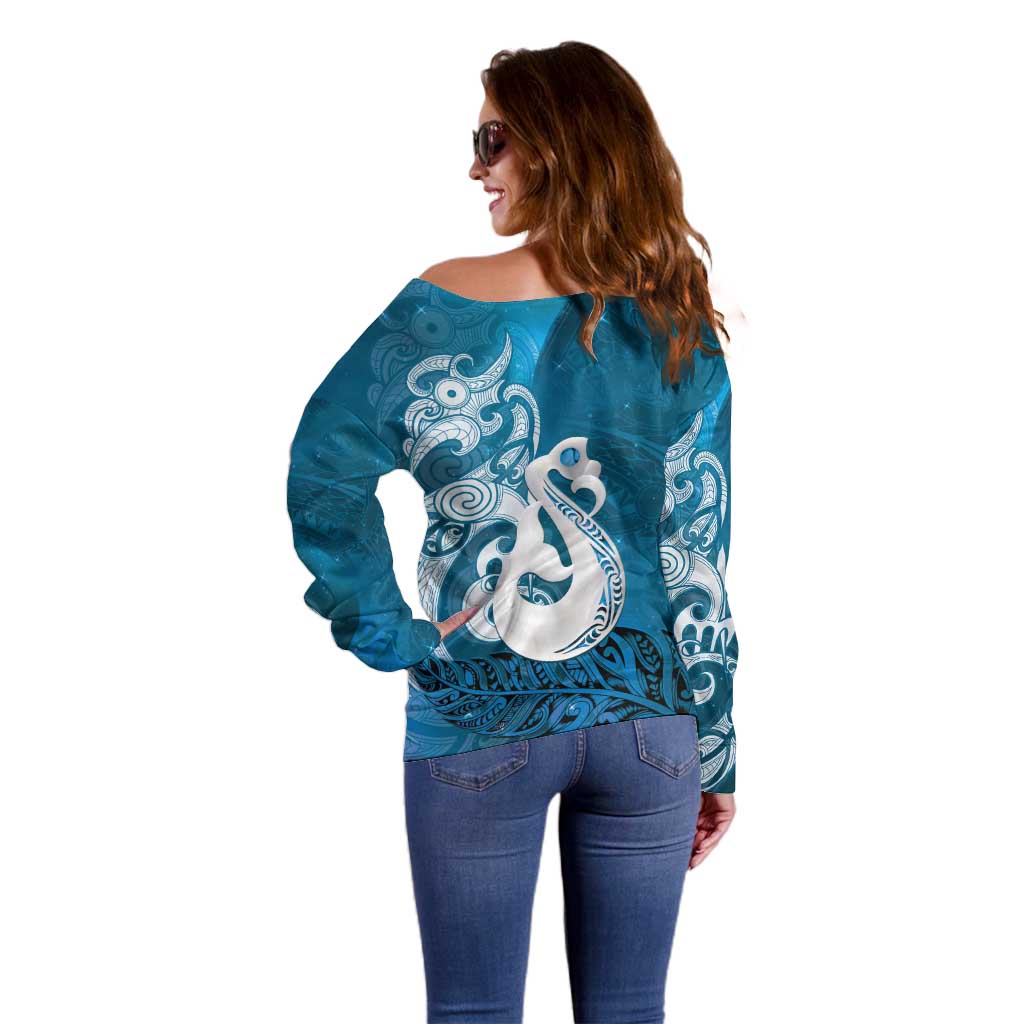 New Zealand Matariki Off Shoulder Sweater Maori Manaia Galaxy Silver Fern Blue Color
