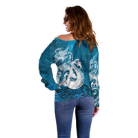 New Zealand Matariki Off Shoulder Sweater Maori Manaia Galaxy Silver Fern Blue Color