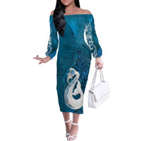 New Zealand Matariki Off The Shoulder Long Sleeve Dress Maori Manaia Galaxy Silver Fern Blue Color LT22 Women Blue - Polynesian Pride