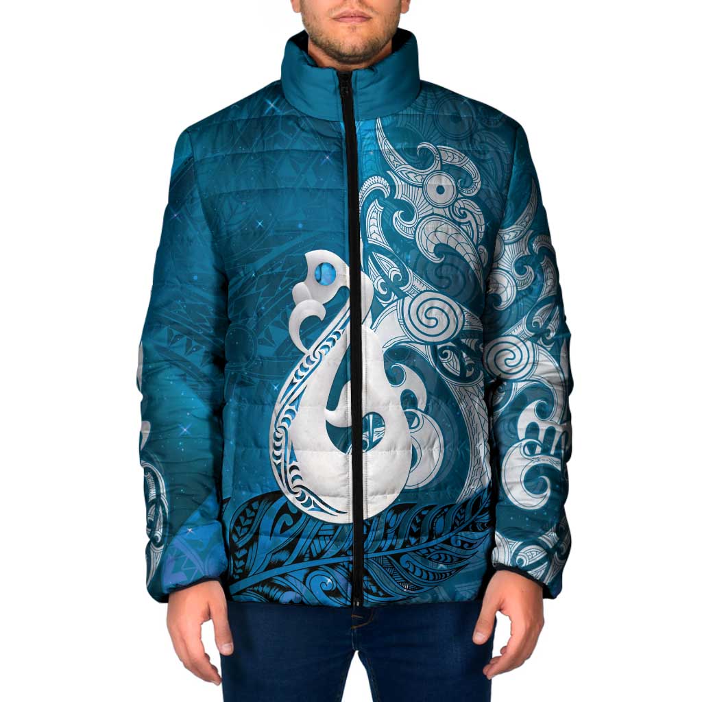 New Zealand Matariki Padded Jacket Maori Manaia Galaxy Silver Fern Blue Color