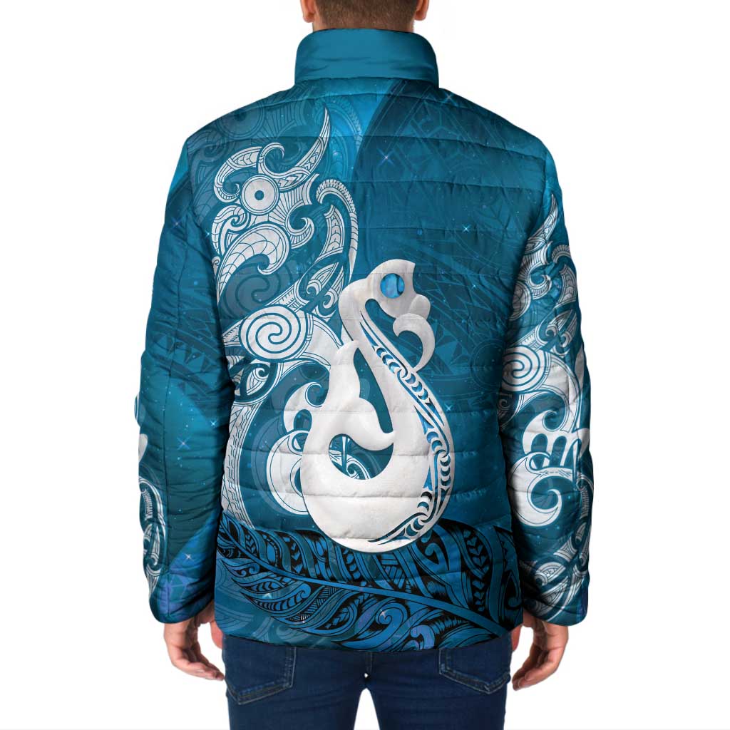 New Zealand Matariki Padded Jacket Maori Manaia Galaxy Silver Fern Blue Color