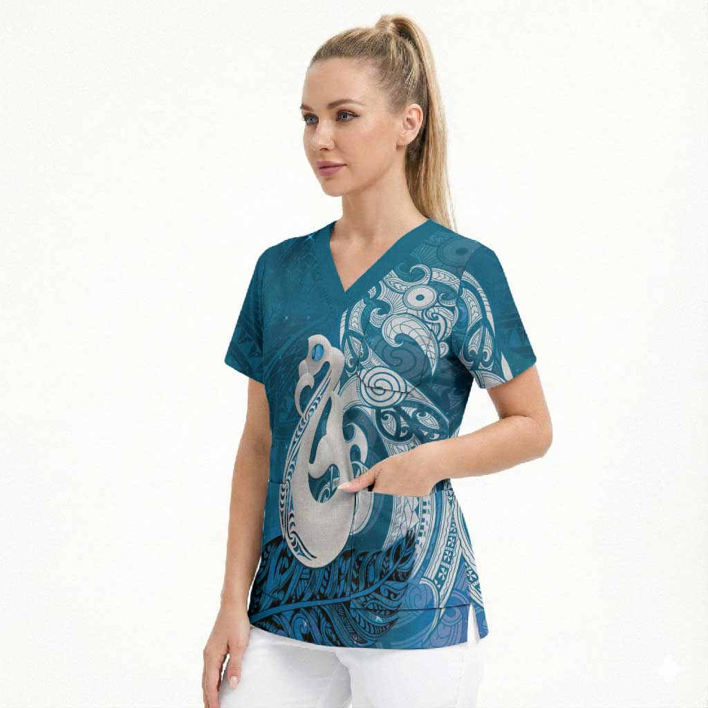 New Zealand Matariki Scrub Top Maori Manaia Galaxy Silver Fern Blue Color