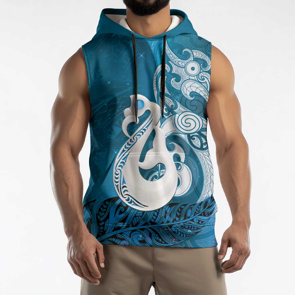 New Zealand Matariki Sleeveless Hoodie Maori Manaia Galaxy Silver Fern Blue Color LT22 - Polynesian Pride
