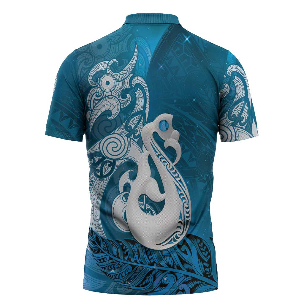 New Zealand Matariki Zipper Polo Shirt Maori Manaia Galaxy Silver Fern Blue Color LT22 - Polynesian Pride
