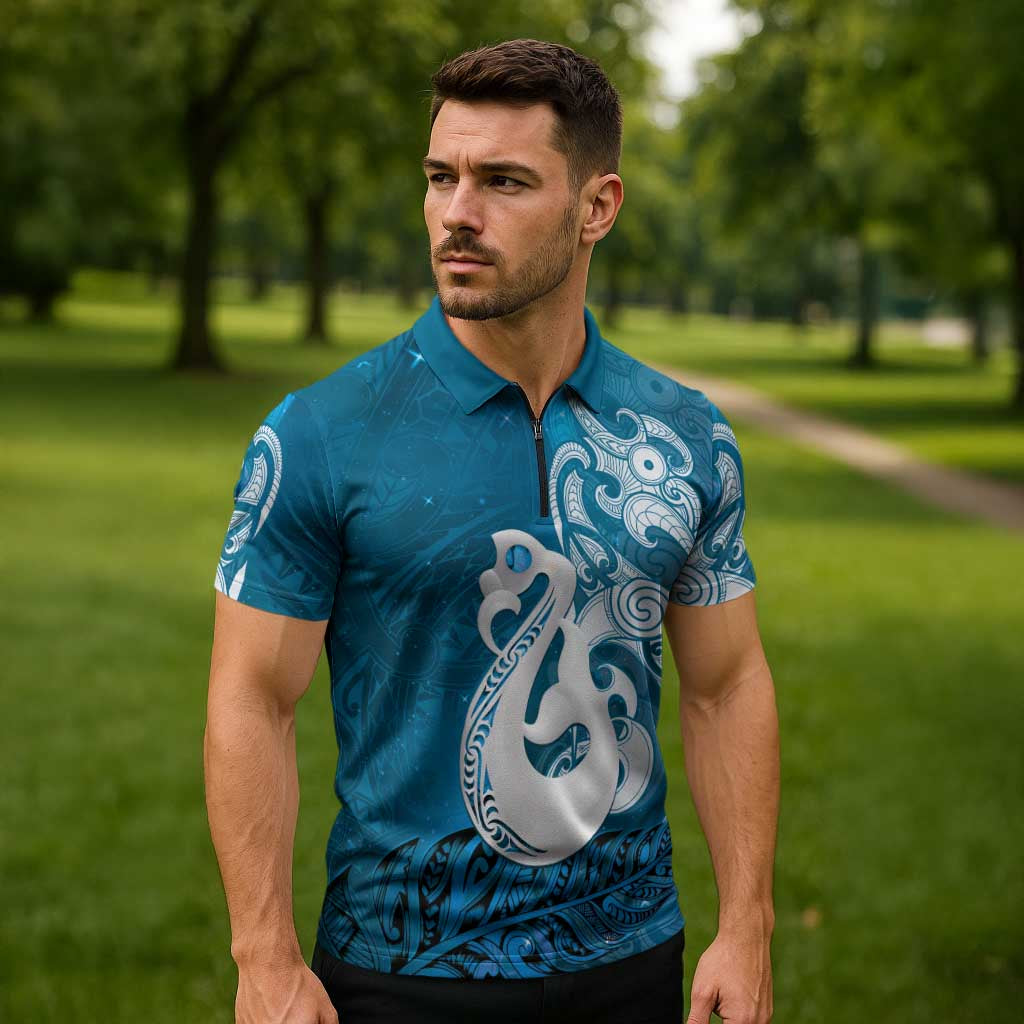 New Zealand Matariki Zipper Polo Shirt Maori Manaia Galaxy Silver Fern Blue Color LT22 - Polynesian Pride