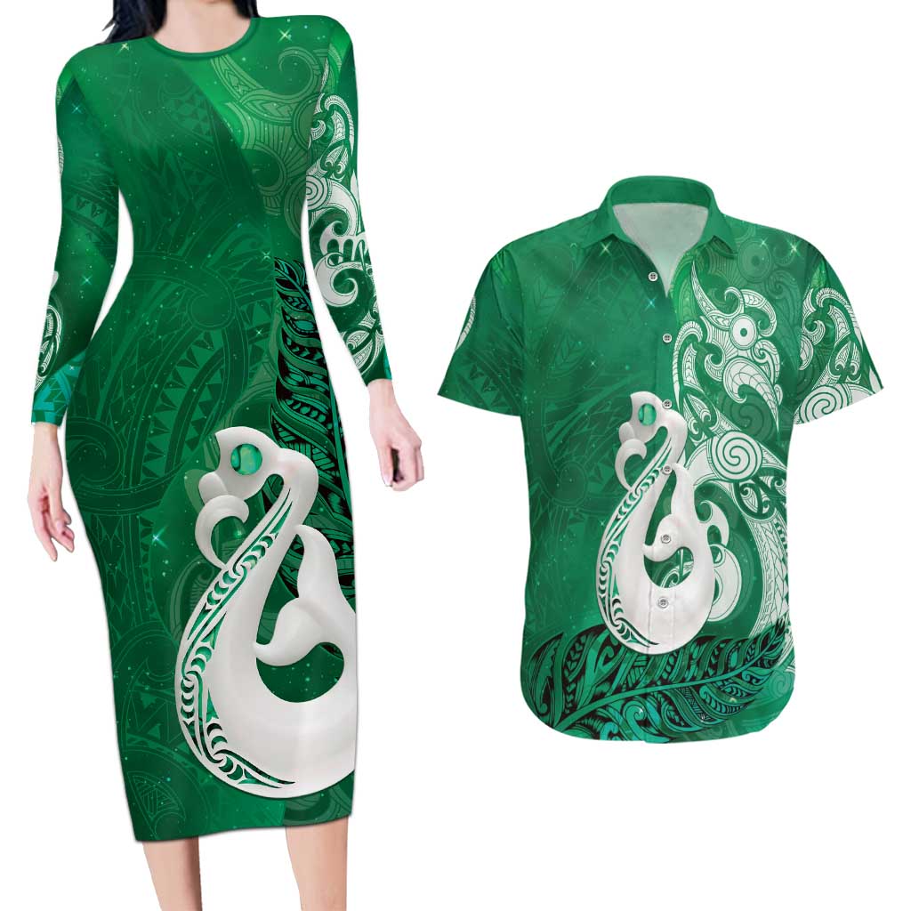 New Zealand Matariki Couples Matching Long Sleeve Bodycon Dress and Hawaiian Shirt Maori Manaia Galaxy Silver Fern Green Color
