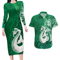 New Zealand Matariki Couples Matching Long Sleeve Bodycon Dress and Hawaiian Shirt Maori Manaia Galaxy Silver Fern Green Color LT22 Green - Polynesian Pride