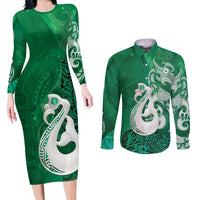 New Zealand Matariki Couples Matching Long Sleeve Bodycon Dress and Long Sleeve Button Shirt Maori Manaia Galaxy Silver Fern Green Color LT22 Green - Polynesian Pride