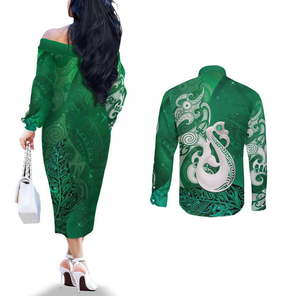 New Zealand Matariki Couples Matching Off The Shoulder Long Sleeve Dress and Long Sleeve Button Shirt Maori Manaia Galaxy Silver Fern Green Color LT22 - Polynesian Pride