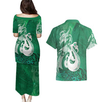 New Zealand Matariki Couples Matching Puletasi and Hawaiian Shirt Maori Manaia Galaxy Silver Fern Green Color LT22 - Polynesian Pride