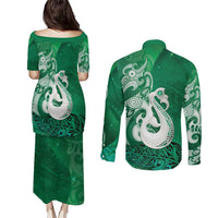 New Zealand Matariki Couples Matching Puletasi and Long Sleeve Button Shirt Maori Manaia Galaxy Silver Fern Green Color LT22 - Polynesian Pride