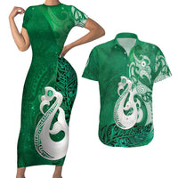 New Zealand Matariki Couples Matching Short Sleeve Bodycon Dress and Hawaiian Shirt Maori Manaia Galaxy Silver Fern Green Color LT22 Green - Polynesian Pride