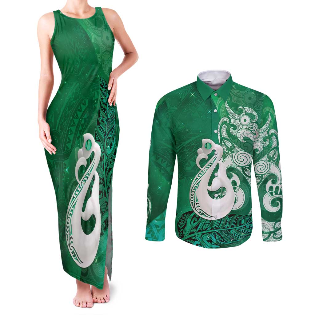 New Zealand Matariki Couples Matching Tank Maxi Dress and Long Sleeve Button Shirt Maori Manaia Galaxy Silver Fern Green Color LT22 Green - Polynesian Pride