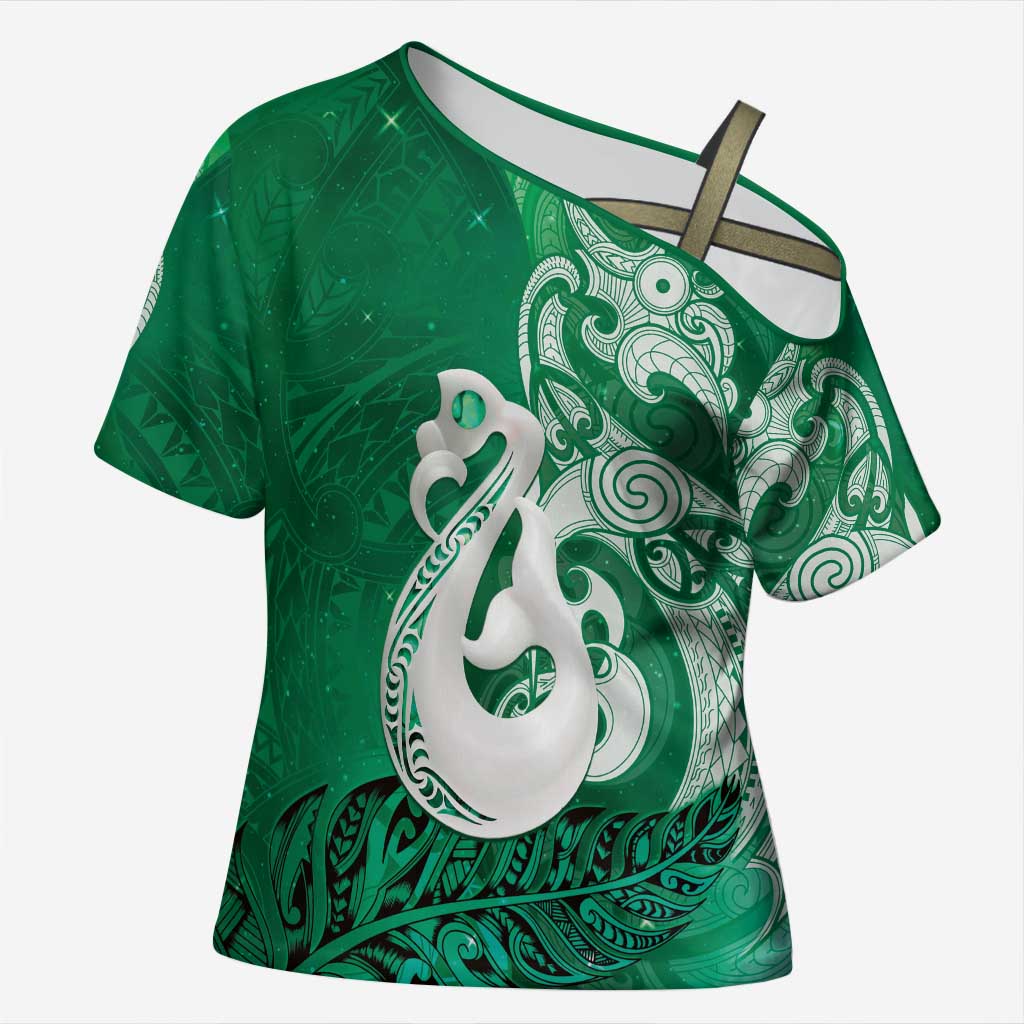 New Zealand Matariki Cross Shoulder Shirt Maori Manaia Galaxy Silver Fern Green Color